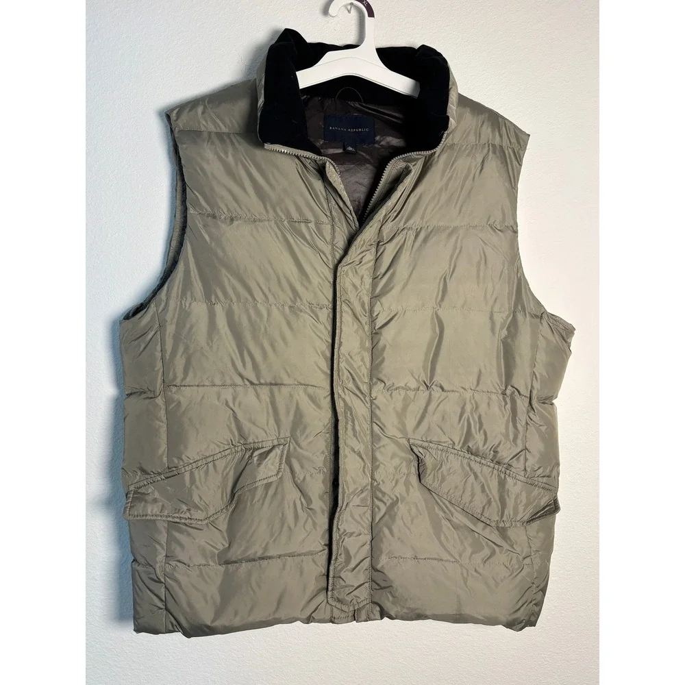 Banana Republic Mens XL Puffer Vest Olive Taupe Quilted Full Zip Fleece Collar